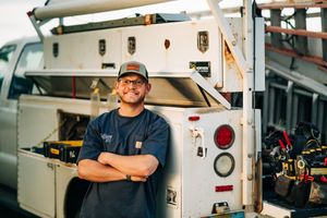 Radiant 307 Plumbing technician Remington with his equipment and truck in Cheyenne, Wyoming