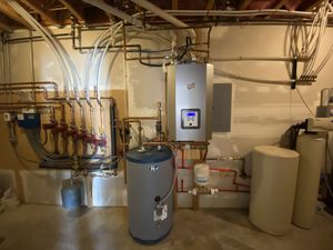 Retrofit combination boiler for residential hot water and radiant flooring